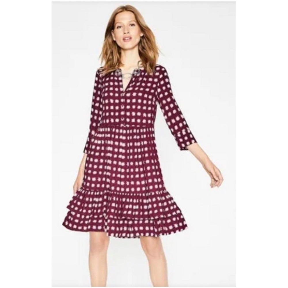 Boden Women's Burgundy Star Print Midi Dress Sz 4‎ | Ruffle Hem Soft Knit